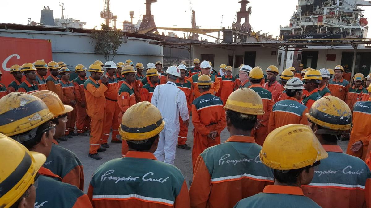 Premator Gulf crew assembled for a safety toolbox meeting